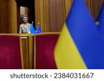 Small photo of 4.11.2023 Ukraine. Kyiv. Ursula von der Leyen - President of the European Commission in the Verkhovna Rada of Ukraine. High quality photo