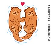 Cute Cartoon Otter Couple...