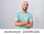 Small photo of Middle age bald man standing over white background skeptic and nervous, disapproving expression on face with crossed arms. negative person.
