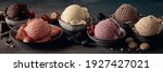 Small photo of Wide angle of assorted gelati with tasty berries near cookies and grated chocolate on table