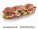 Small photo of Palatable baguette sandwich with assorted fresh vegetables and ham and cheese slices placed on white background in studio