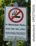 Small photo of SMITHS FALLS, ONTARIO, CA, JUNE 16, 2021: Smoking bylaw sign posted in Centennial Park of Smiths Falls, Ontario during spring of 2021.