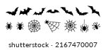 Set bats, spiders and cobwebs, isolated on white background. Vector illustration, traditional Halloween decorative elements. Halloween silhouettes black spiders and spider web, bats - for design decor