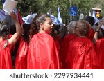 Small photo of Tel Aviv, Israel - May 4, 2023: Demonstrators rallied in front of Rabbinical Court, 33 King David Blvd, protesting against the judicial reform. Political performance inspired by the Handmaid's Tale.