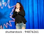 Small photo of LAS PALMAS , SPAIN - FEBRUARY 9: Singer Raychel Bermudez, from Canary Islands, performing onstage during the Adult Costume Competition on February 9, 2012 in Las Palmas, Spain