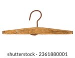 Small photo of Vintage wooden clothes hanger. Isolated on a white background. Old rusty trample for clothes.