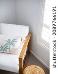 Small photo of Brown and White Assent Chair, Coastal modern living room styling statement chair, white linen palm tree cushion coastal lounge chair, White House interior styling brown white chair living room