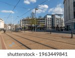 Small photo of Sheffield, South Yorkshire, England - April 24 2021: Tram tracks run down Fitzalan Square in Sheffield