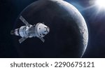 Small photo of Orion spacecraft on orbit of Moon. Spaceship of Artemis mission with astronauts near Moon surface. Exploration of our satellite. Return on Moon. Elements of this image furnished by NASA