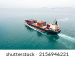 Small photo of Container ship full speed sailing in sea for transporting cargo logistic import and export goods internationally around the world, including Asia Pacific and Europe, Aerial view photograp from drone