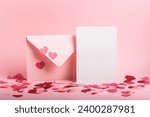 Pink envelope and blank form with paper pink hearts on a pink background. Valentine's Day card.Copy space.