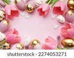 Happy easter holiday greeting card. Bouquet of pink tulips and Easter egg on pink background. Space for text