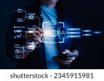 Small photo of Businessman engages with an virtual screen, harnessing Artificial Intelligence (AI) to effortlessly convert text to sound, images, generating captivating multimedia content in real-time