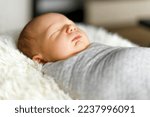 Small photo of Cute sleeping newborn wrapped in a swaddle, laid on sheep's wool