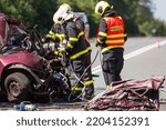 Small photo of Pribor, Chzechia - 11 11 2018: Firefighters extrication on car crash site