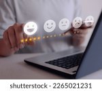 Small photo of Satisfaction rating and customer service concept, businessman giving very good satisfaction rating through virtual screen