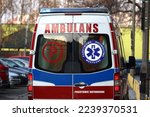 Small photo of 12.12.2022 wroclaw, poland, Ambulance on security during a rescue operation in an urban housing estate.