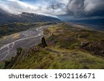 Dramatic clouds coming to the valley of Thorsmork, southern Iceland. View from Valahnukur hill. Springtime at the Laugavegur trail.