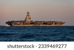 Small photo of Piraeus, Athens Greece - July 28, 2023: USS Gerald R. Ford Aircraft Carrier dropped anchor in Phaleron Bay