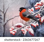 Christmas, New Year holiday background, two bright birds sit on a snow-covered branch of red berries, pine forest, fir trees, snowstorm, evening lighting 