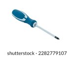 A screwdriver with a blue handle against a white background