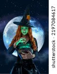 Small photo of Halloween Witch making witchcraft, preparing a magic potion in pot, spells. Female wizard fairy character for All Saints' Day. Fantasy gothic red-haired girl in carnival black dress. Woman enchantress