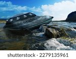UFO, broken space saucer lies in the water on the banks of a river or lake after an accident and crash. Landscape with invasion by extraterrestrial space object on a sunny day in summer