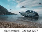 UFO, broken space saucer lies in the water on the banks of a sea or lake after an accident and crash. Landscape with invasion by extraterrestrial space object.