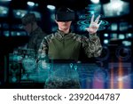 Small photo of Military Think Tank, AI technology in the army. Warfare analytic operator checking coordination of the military team. Military commander with a digital device with augmented reality operating troops.