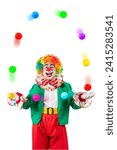 Small photo of Funny clown ball juggling. Entertainer Joker in colorful suit and wig. Buffoon with clown whiteface makeup. Trickster, jester, pantomime, mime. Professional actor at event, kids party, circus