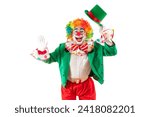 Small photo of Funny clown. Entertainer Joker in colorful suit and wig. Buffoon with clown whiteface makeup. Trickster, jester, pantomime, mime. Professional actor at event, kids party, circus