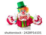 Small photo of Funny clown with thumbs up. Entertainer Joker in colorful suit and wig. Buffoon with clown whiteface makeup. Trickster, jester, pantomime, mime. Professional actor at event, kids party, circus