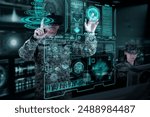 Military Think Tank, AI technology in the army. Warfare analytic operator checking coordination of the military team. Military commander with a digital device with vr glasses operating troops.