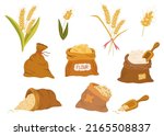 Bags flour and wheat ears set. Wheat, rye, rye ear, symbol of farming, bread, harvest. Whole stems, an organic vegetarian element of food packaging. Vector flat illustration. 