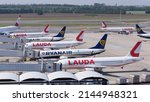 Small photo of Vienna, Austria - 05.16.2020: Airport ramp in Vienna, Austria full with airplanes of competitors Ryanair, Lauda, Wizzair and Austrian Airlines during shutdown due to Corona pandemic