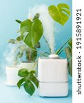 Small photo of home humidifier freshener, humidifier steam on blue background, monster, monster plant, green plants air purifier for breathing, clean breathing fresh air, humidifier for plants take care of plants