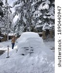 Man brushes snow off a car and shovels parking lot in Carnelian Bay, North Lake Tahoe, California, South Lake Tahoe, incline village, Truckee river, snow storm, sand harbor, kings beach, Sierra Nevada