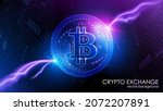 neon bitcoin on a dark blue... | Shutterstock .eps vector #2072207891
