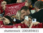 Small photo of Rome, Italy 11.05.2023: Francesco Totti and Noemi Bocchi, son Cristian on the stand during the UEFA EUROPA LEAGUE , semifinal football match AS Roma vs Bayer 04 Leverkusen at Olympic stadium in Rome