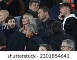 Small photo of Rome, Italy 11.05.2023: Francesco Totti and Noemi Bocchi, son Cristian on the stand during the UEFA EUROPA LEAGUE , semifinal football match AS Roma vs Bayer 04 Leverkusen at Olympic stadium in Rome
