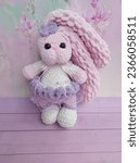 Small photo of Pink and white knitted bunny with name Alisa, crochet handmade rabbit, made in Ukraine bunny doll