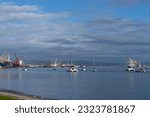 Small photo of Tauranga New Zealand - June 26 2023; View from Pilot Bay of both sides of Port of Tauranga facilities