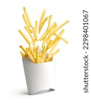 Small photo of French fries bursting out from white paper box isolated on white