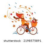 Girl Rides A Bike In The Autumn ...