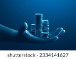 Small photo of Hand wealth money business finance coin investment growth strategy profit concept on financial banking economy background of success market income cash currency or increase rich budget earnings fund.