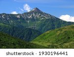 View of mt.kasa from kumonodaira where is japanese unexplored region  with rocks and fresh green. in the Northern Alps.toyama prefecture.japan