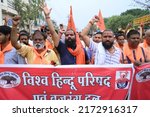 Small photo of Members of Vishwa Hindu Parishad and Bajrang Dal protesting against the ruthless killing of a Hindu tailor by a Muslim in Udaipur city. Gurgaon, India. June 29, 2022.