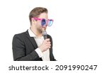 Small photo of Master of ceremony. Emcee isolated on white. Emcee or conferencier in funny glasses. Speaker