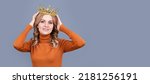 Small photo of Princess woman with crown. smiling blonde girl with curly hair wear crown, egoism. Woman portrait, isolated header banner with copy space.