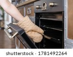 Cropped view of woman hand in kitchen glove mitt pull out tray from built in oven with open door. Cooking appliance in contemporary interior concept